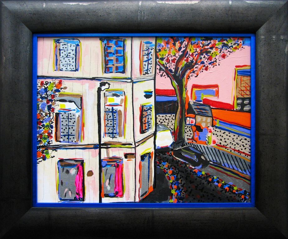 A framed painting of a building with a tree in front of it