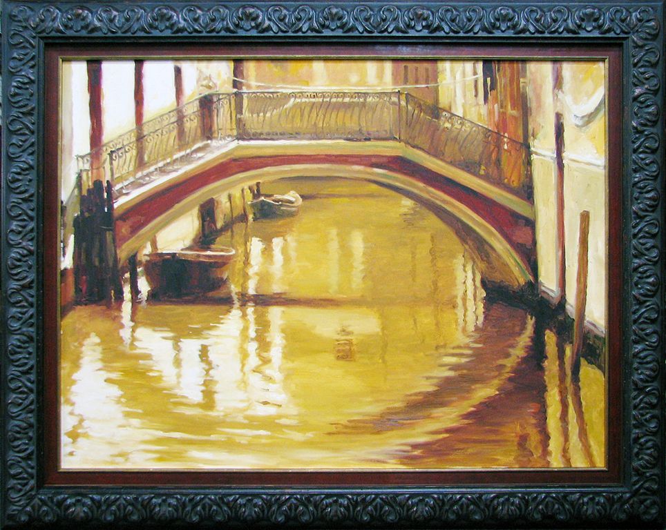 A painting of a bridge over a body of water