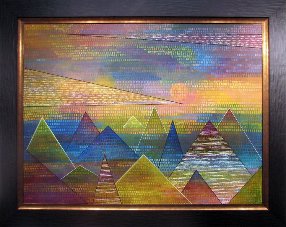 A painting of a landscape with pyramids and mountains in a frame
