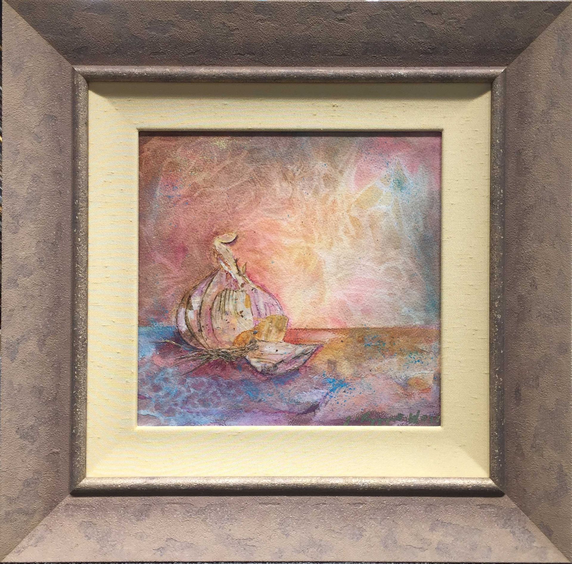 A framed painting of a person laying on a bed