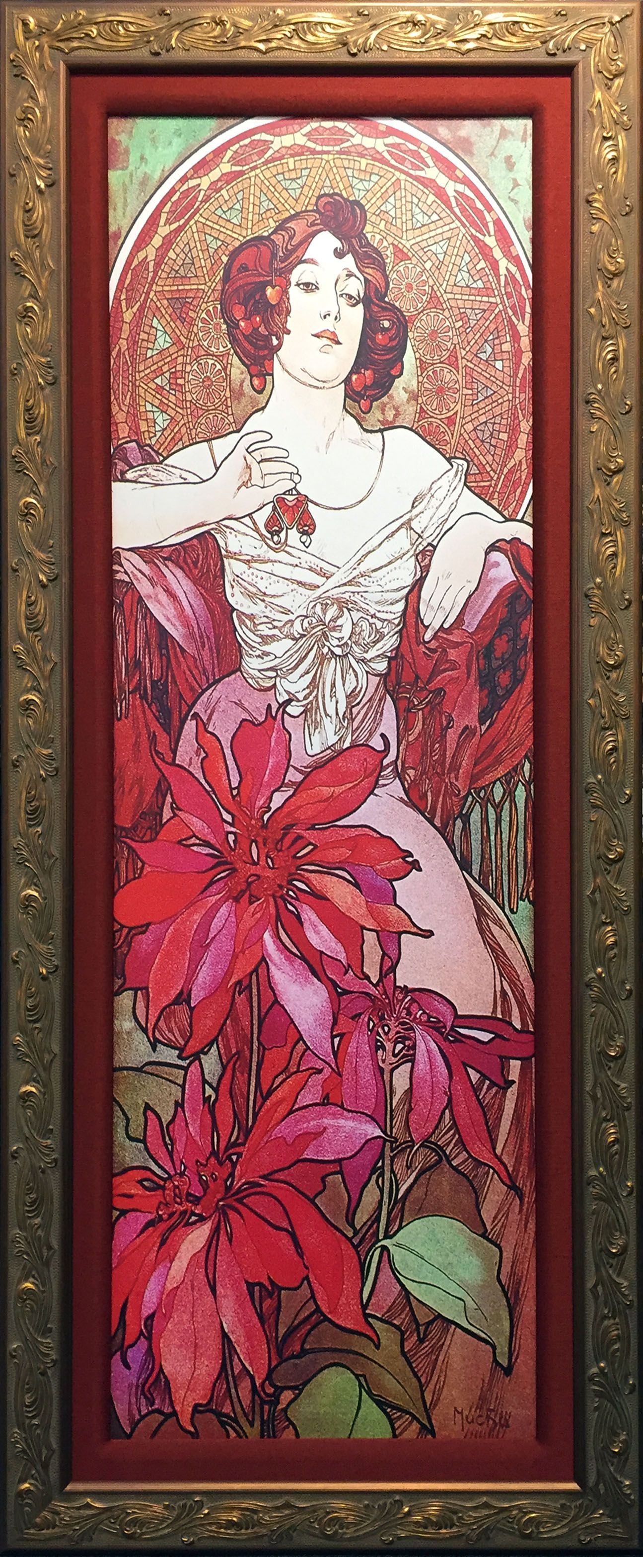 A painting of a woman surrounded by red flowers in a gold frame