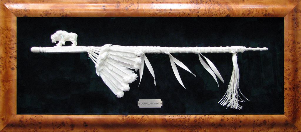A framed picture of a flute with feathers on it
