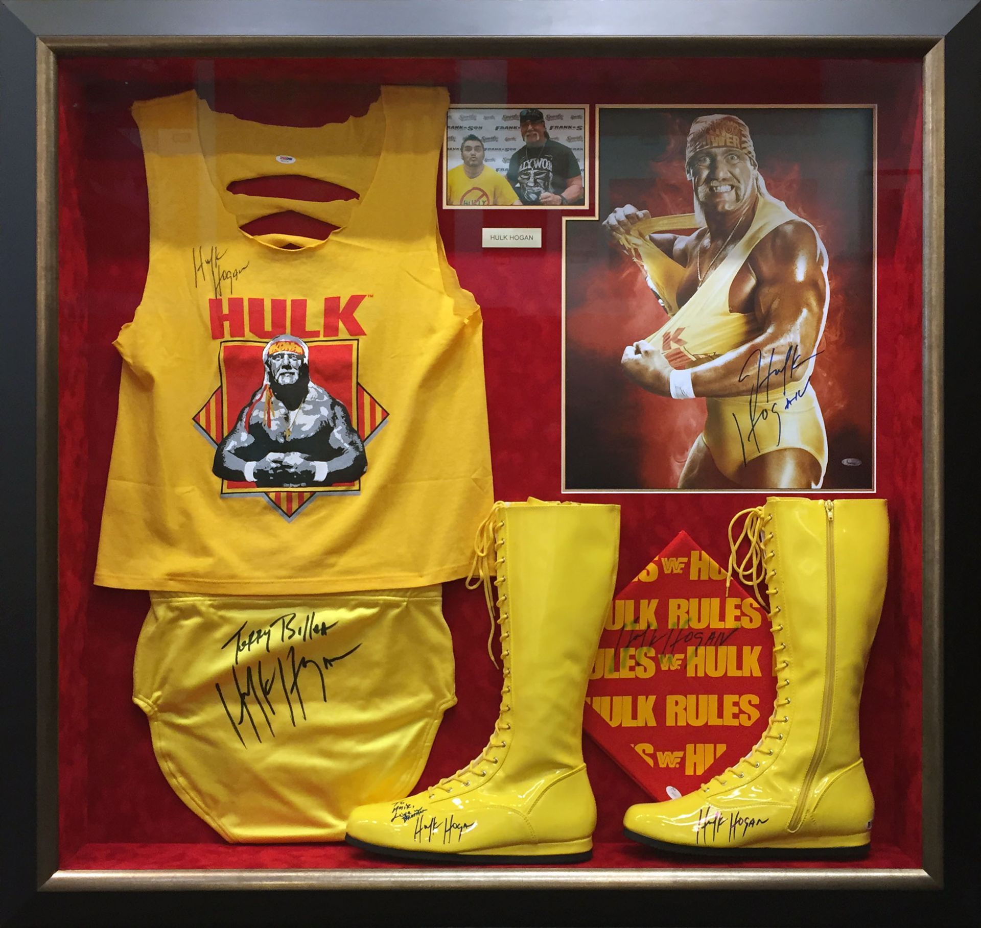 A framed display of Hulk Hogan wrestling memorabilia