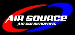 Logo for "Air Source Air Conditioning" with red and blue swooshes around white text.