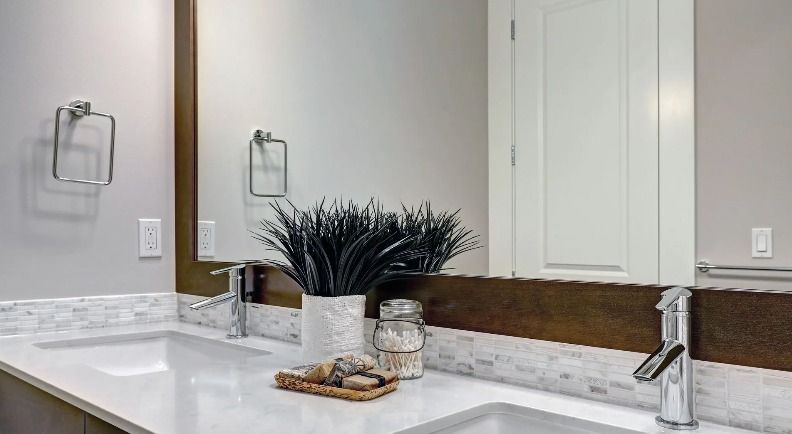 Bathroom with double sinks, white countertop, large mirror, and decorative plants.