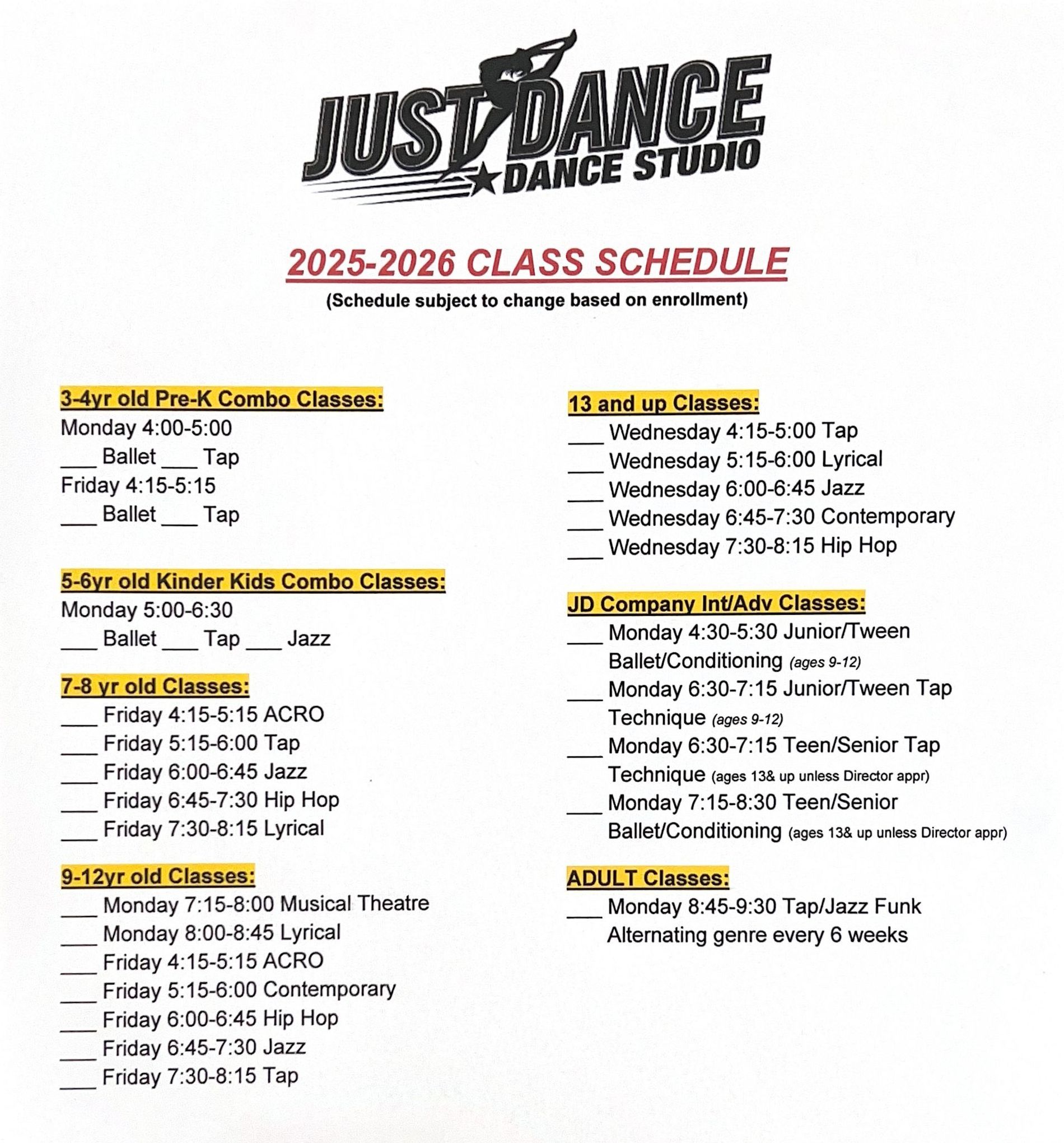 Just Dance Dance Studio 2025-2026 class schedule, listing classes by day, time, and style, such as ballet, tap, jazz, and hip hop.