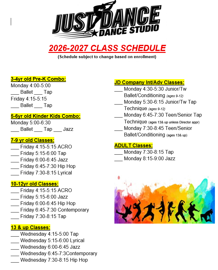 Just Dance Dance Studio 2026-2027 class schedule, listing classes by day, time, and style, such as ballet, tap, jazz, and hip hop.