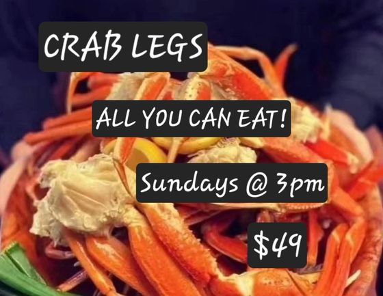 Advertisement for The West End restaurant: All-you-can-eat crab legs on Sundays at 3 PM for $47.95.