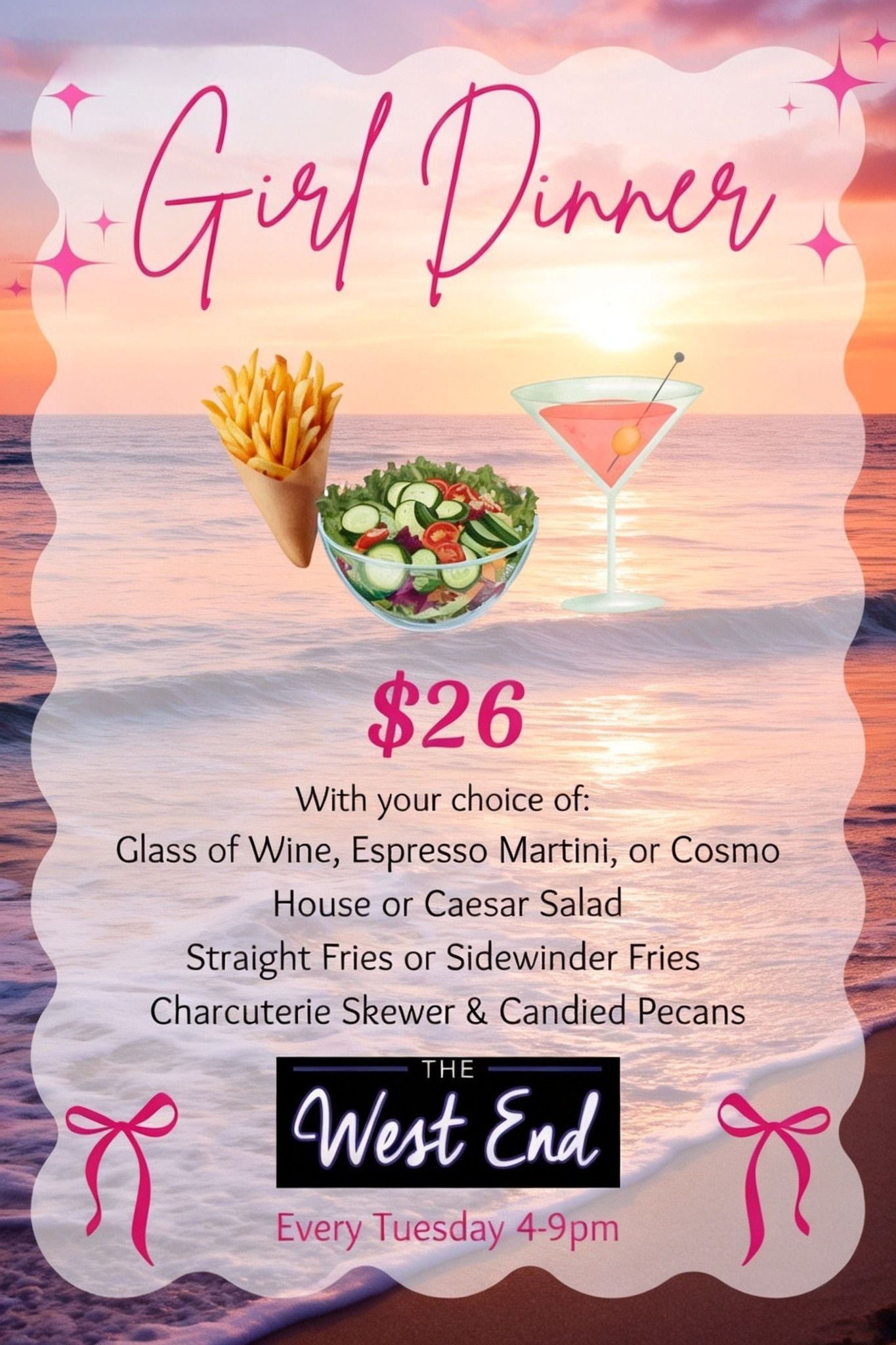 Advertisement for The West End restaurant: All-you-can-eat crab legs on Sundays at 3 PM for $47.95.