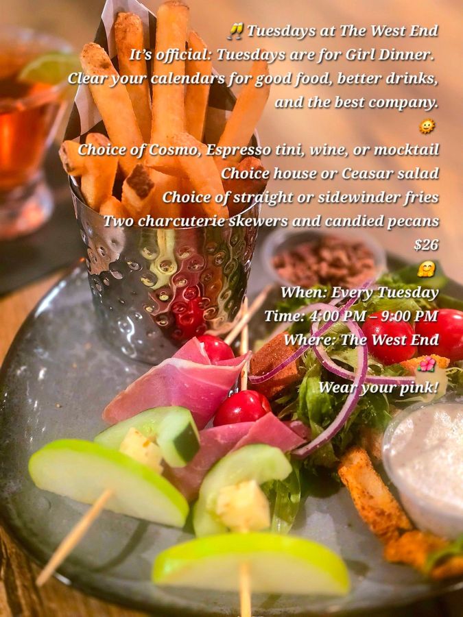 Advertisement for The West End restaurant: All-you-can-eat crab legs on Sundays at 3 PM for $47.95.