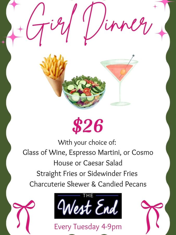 Advertisement for The West End restaurant: All-you-can-eat crab legs on Sundays at 3 PM for $47.95.