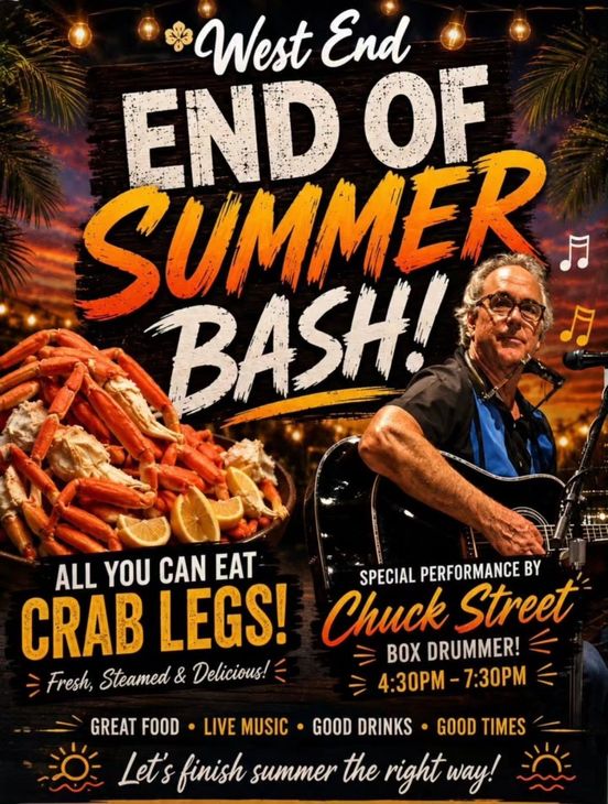 Advertisement for The West End restaurant: All-you-can-eat crab legs on Sundays at 3 PM for $47.95.
