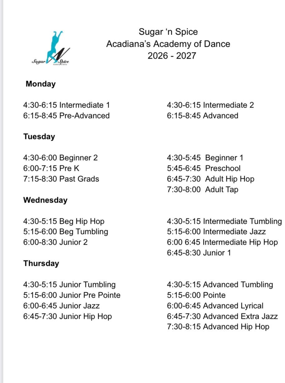 The 2025-2026 Sugar N Spice dance schedule