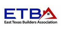 The east texas builders association logo is blue and red.