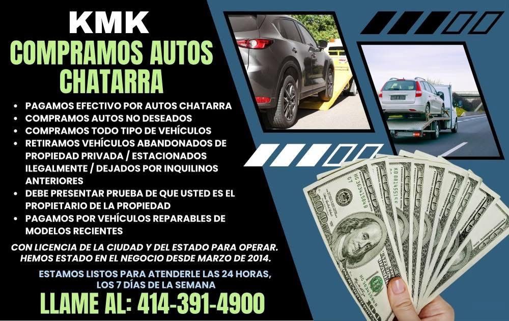 Advertisement offering to buy junk cars, featuring a car, tow truck, and cash. 