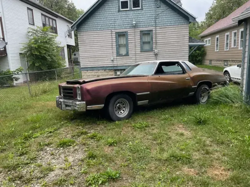 Brown and tan classic car parked on overgrown grass, next to a weathered house.