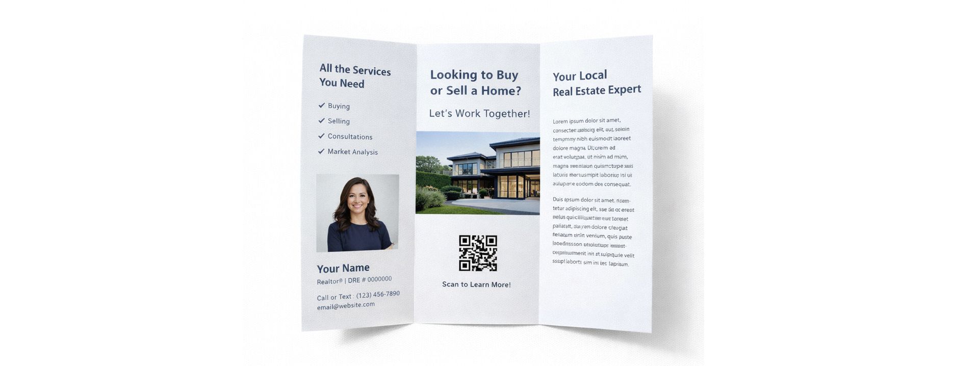 A tri-fold brochure open on a white background, featuring a professional photo, contact details, and a QR code.