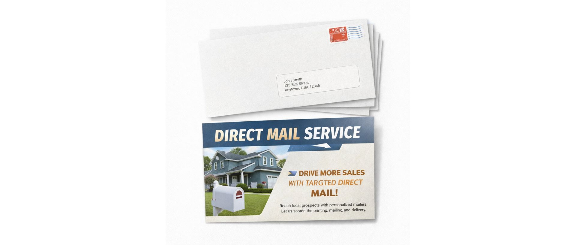 A stack of white envelopes featuring a promotional flyer for a direct mail service with a house and mailbox image.