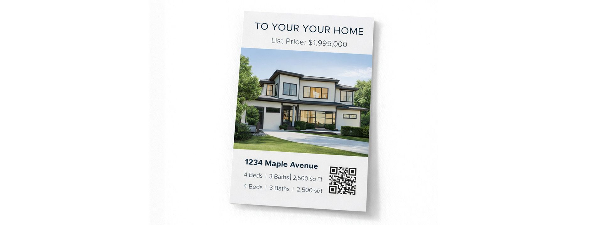 A real estate flyer featuring a modern two-story house, address text, and a QR code on a white background.