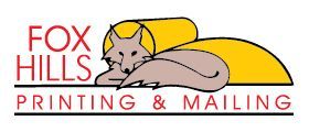 Logo for Fox Hills Printing & Mailing featuring a stylized fox resting on a yellow paper roll.