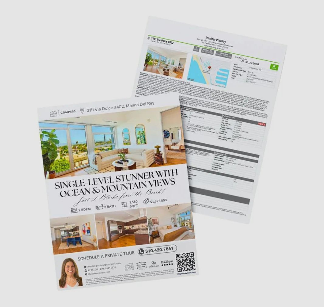 A real estate marketing flyer showing interior photos of a home with ocean views, alongside property details and a QR code.