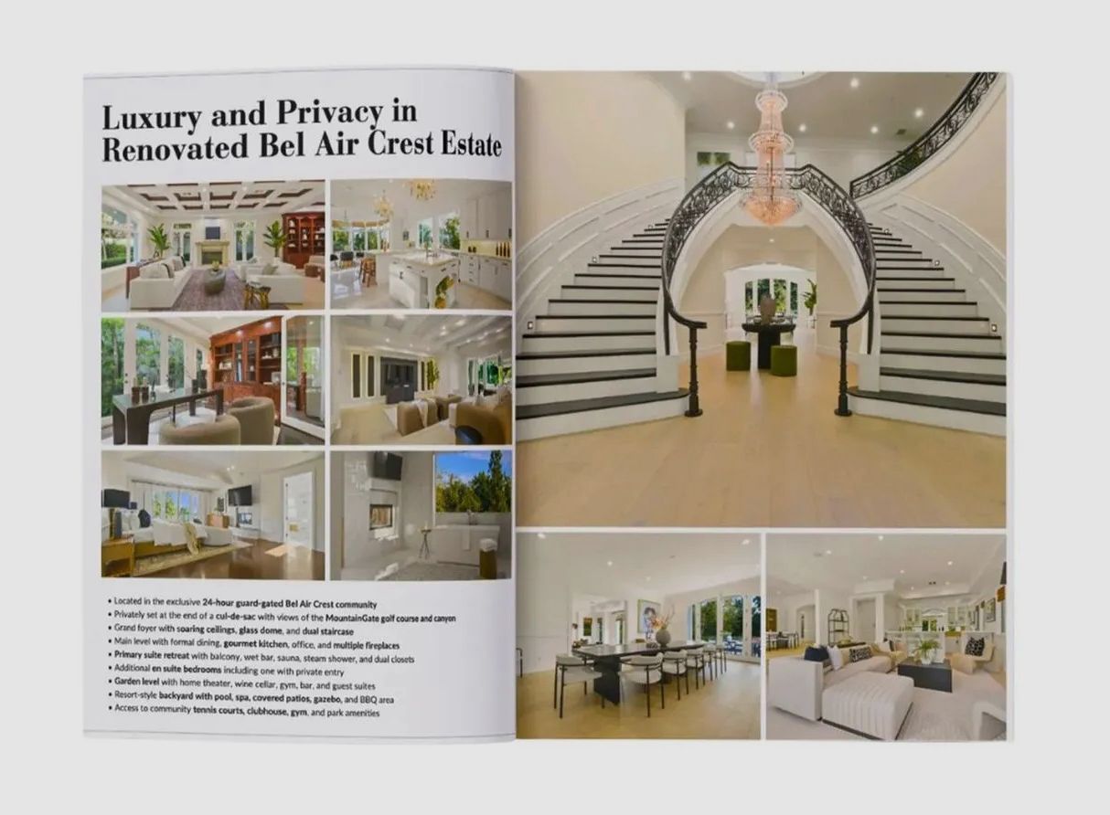 Open brochure showing interior photos of a luxurious, light-toned Bel Air estate, including a grand staircase and rooms.