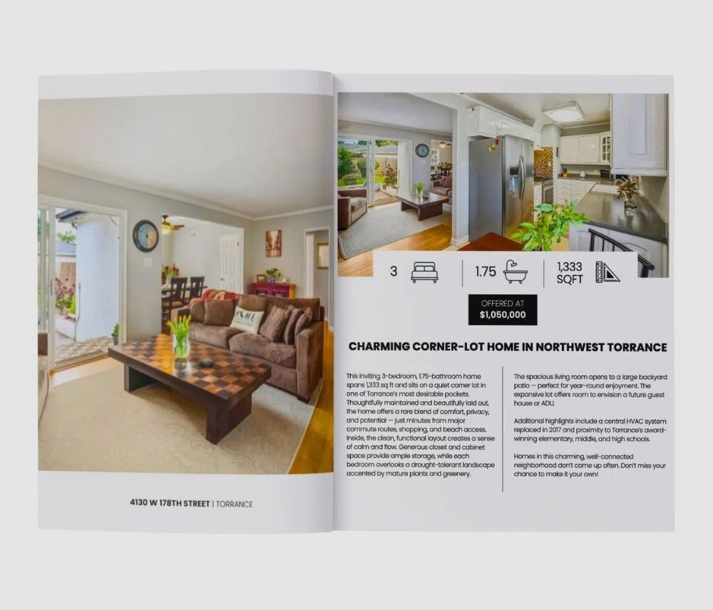 A real estate flyer showcasing a living room, kitchen, and property details for a home in Northwest Torrance.