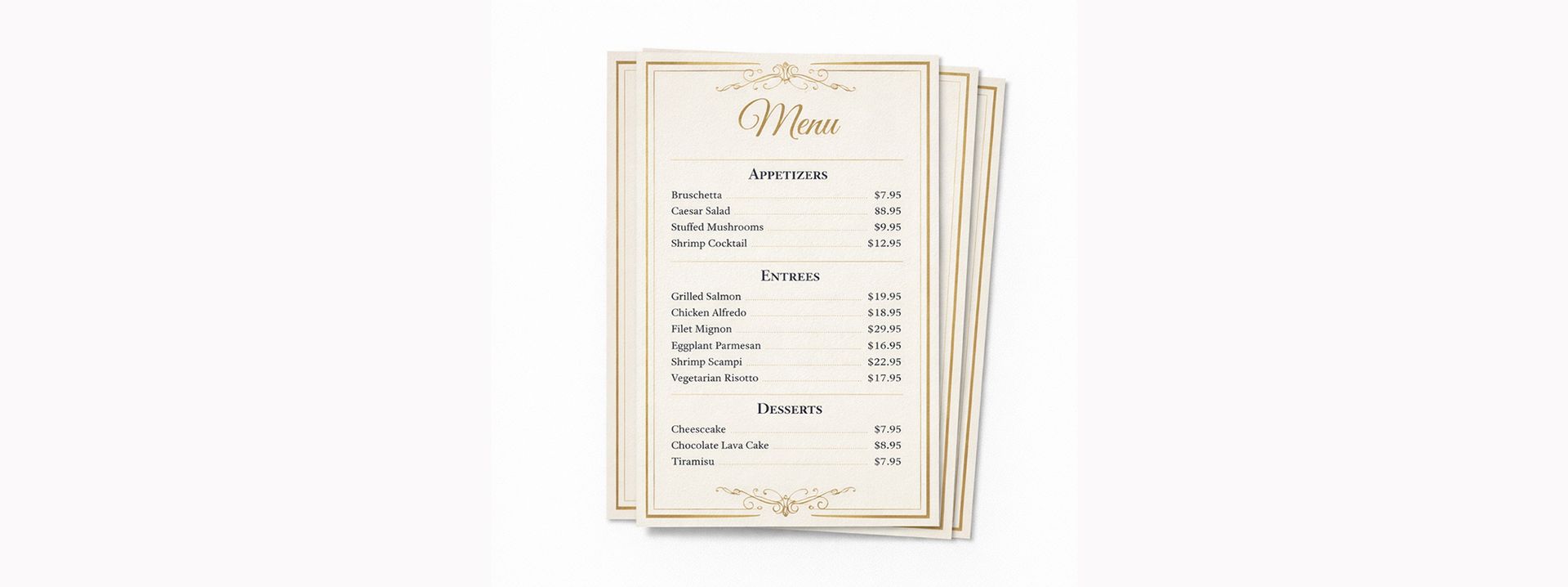 A stack of off-white paper menus with gold borders and elegant text, set against a plain white background.