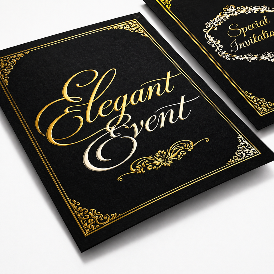 Black and gold elegant event invitation card with ornate lettering and decorative corners.
