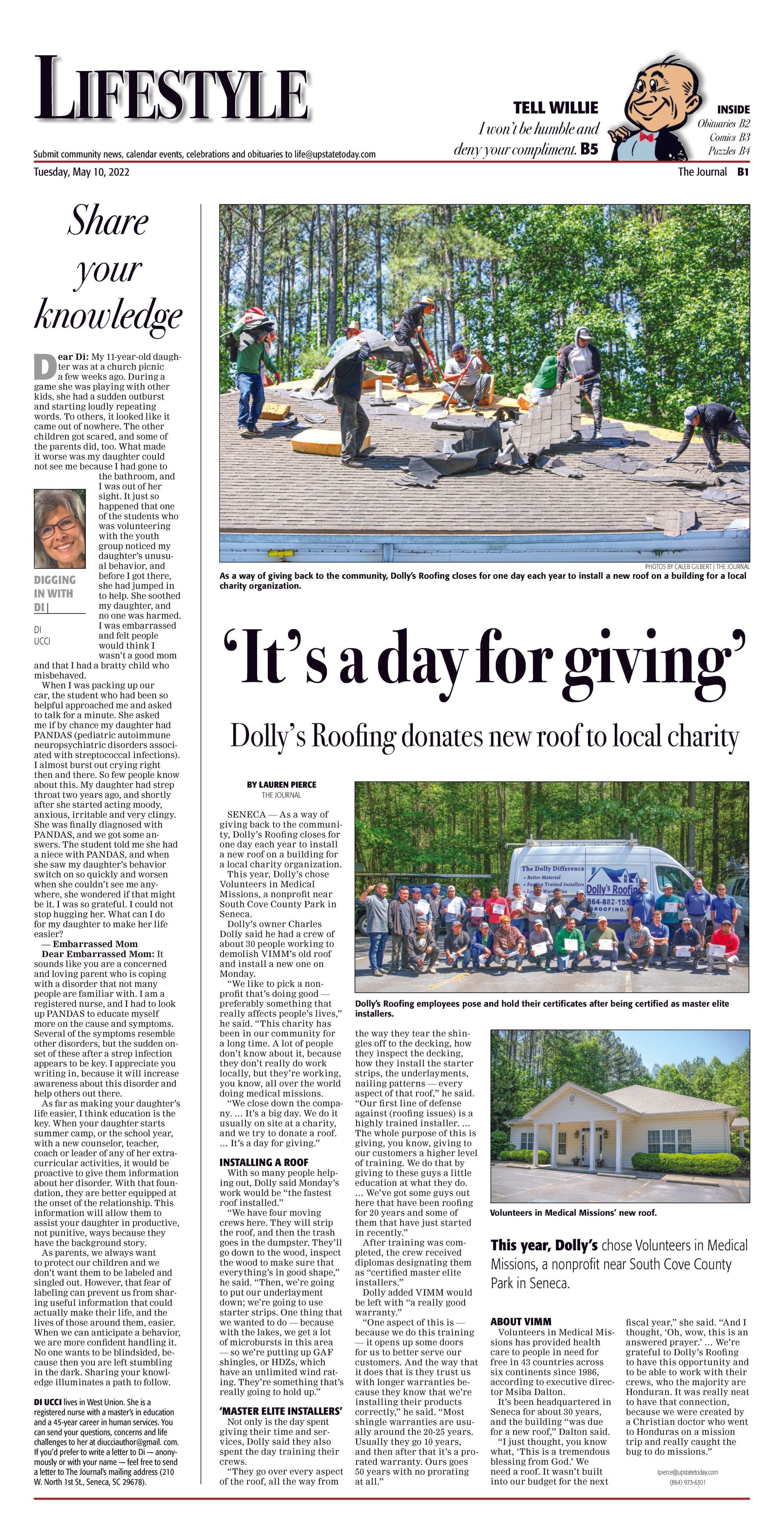 dolly's roofing day for giving