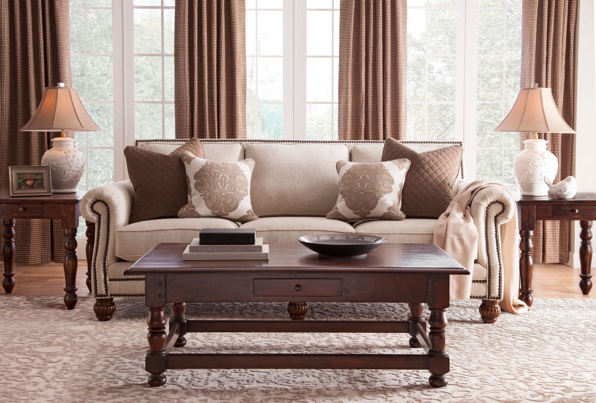 A living room with a couch and a coffee table