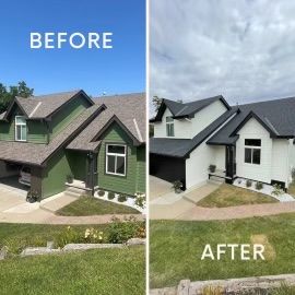 A before and after picture of a house with green siding and a black roof.