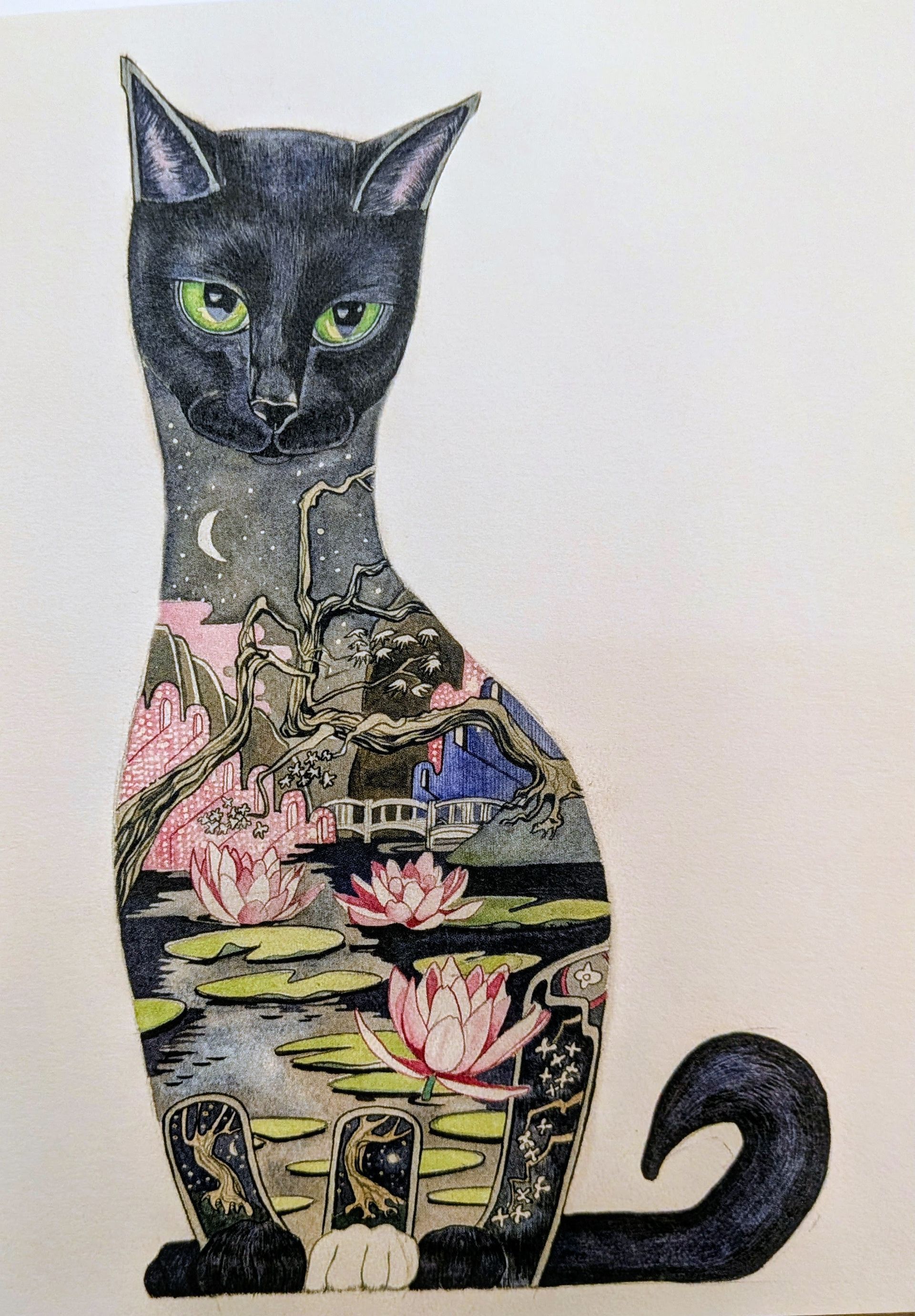 Decorative cat silhouette with a black cat head and floral pond scene on the body.