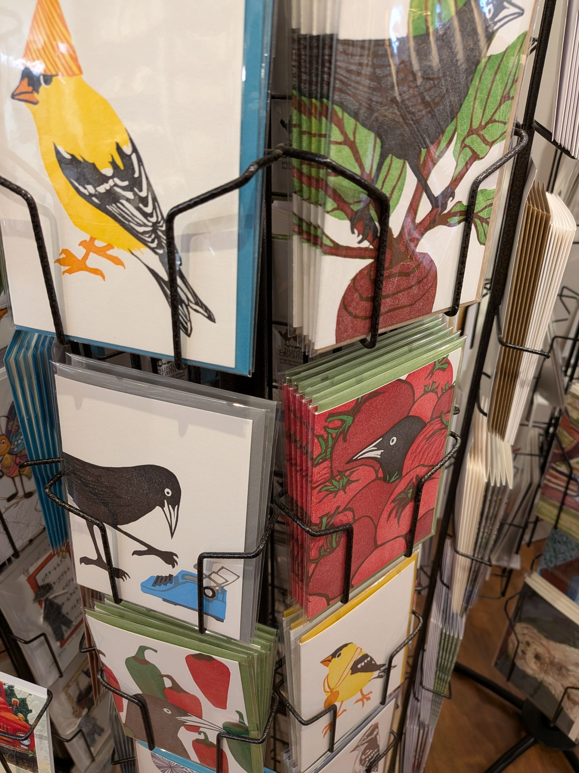 Carousel of framed bird illustrations in black, yellow, red, and green on a rotating display rack.