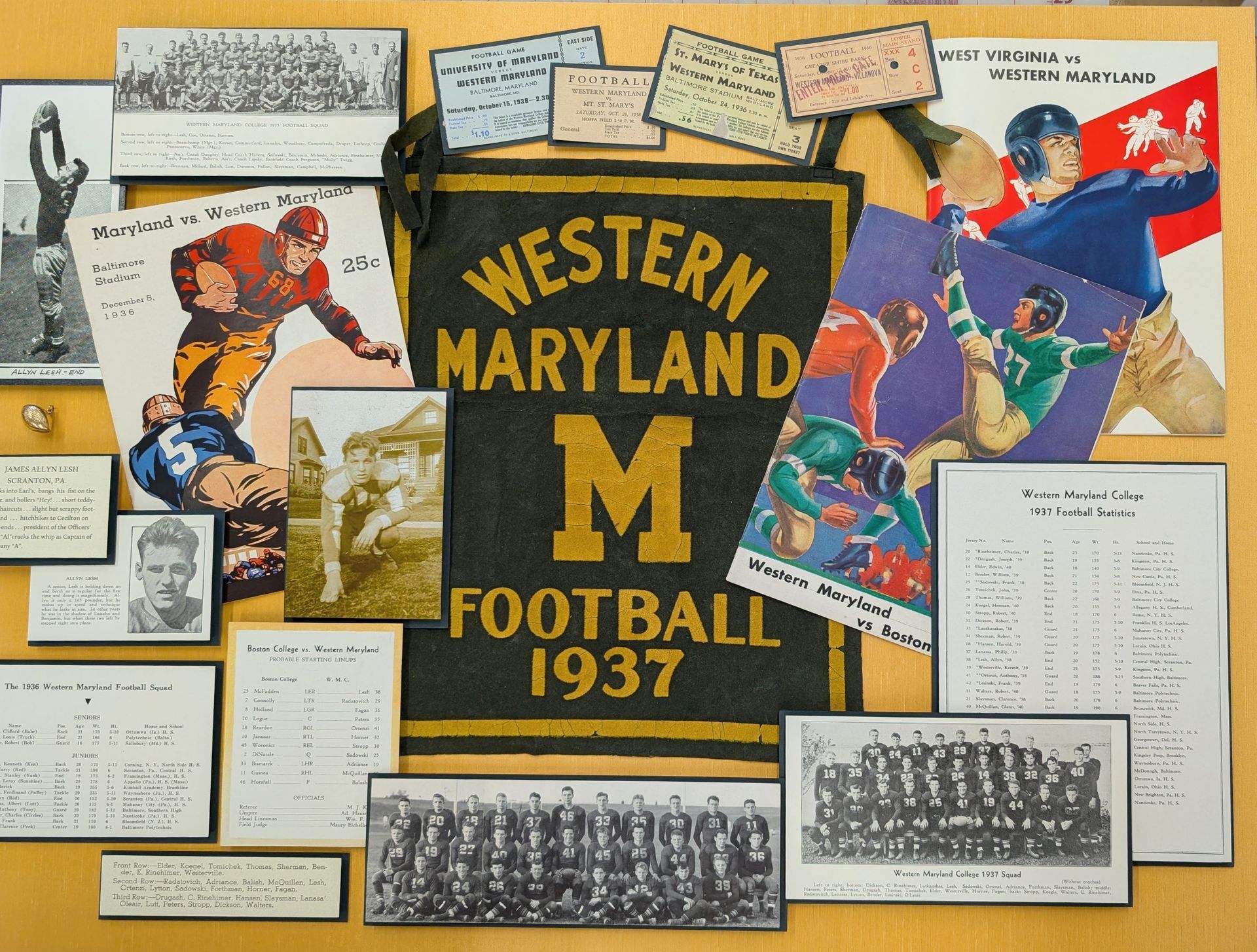 Western Maryland football 1937 collage with vintage photos, notes, and a large black-and-gold banner.