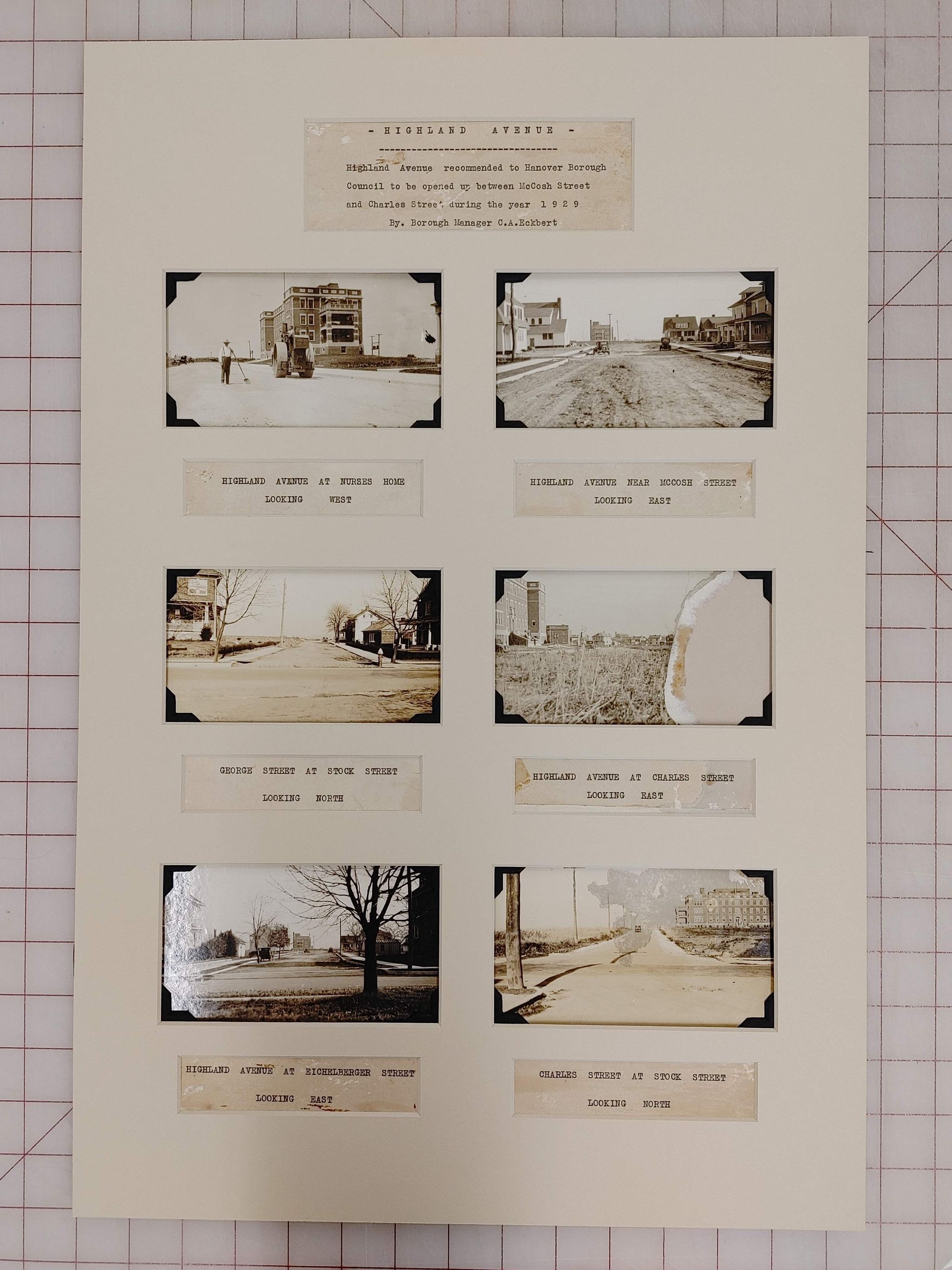 A sheet with six small photos of a damaged street and buildings, labeled with captions.