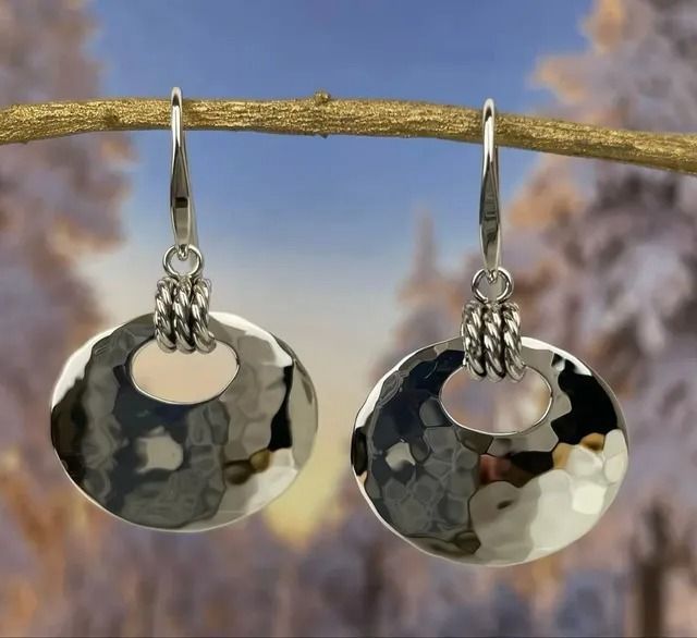 Silver hammered hoop earrings hanging on a branch, against a blurred sky and trees.
