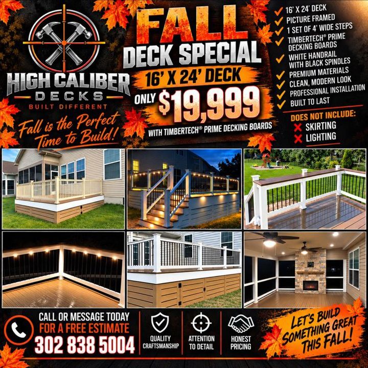 Fall deck special ad for custom decks and patios, highlighting $19,999 price and contact info.