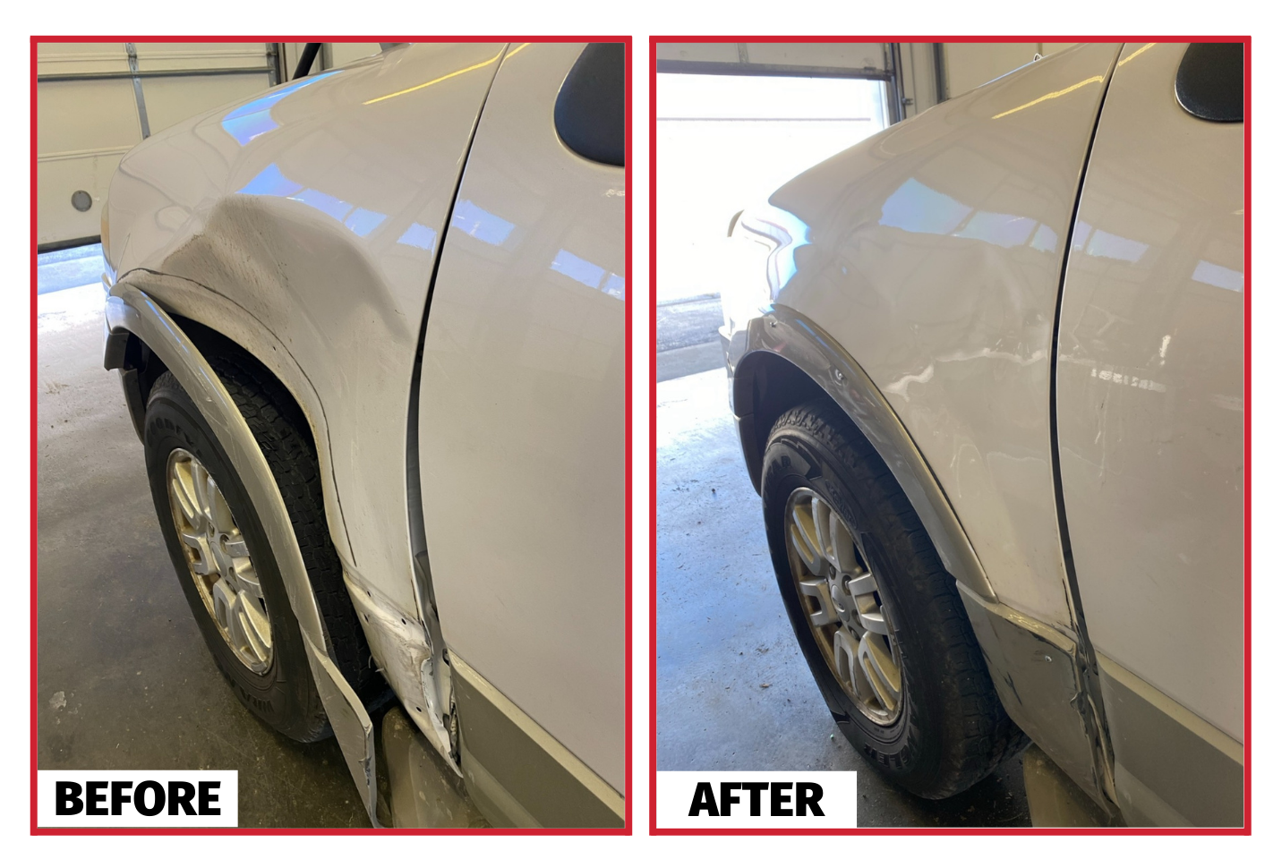 Before and after photos of a white car with a dented fender being repaired.