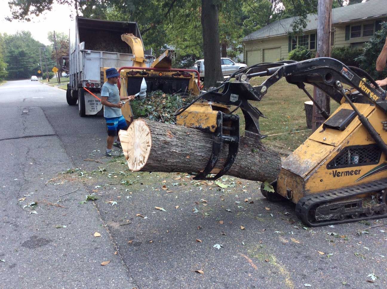 A small excavator loads a large log into a wood chipper on a street; a man operates the chipper.
