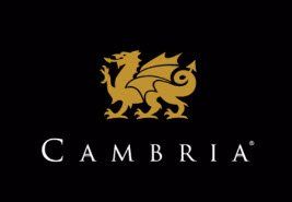 A logo for cambria with a dragon on a black background