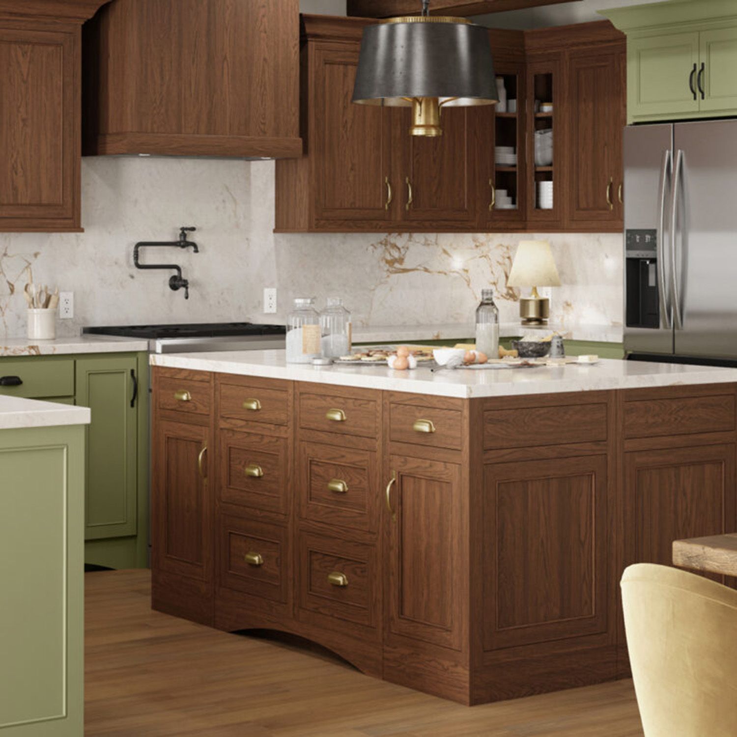 Modern kitchen with dark wood cabinets, green lower cabinets, stainless fridge, and white marble island.