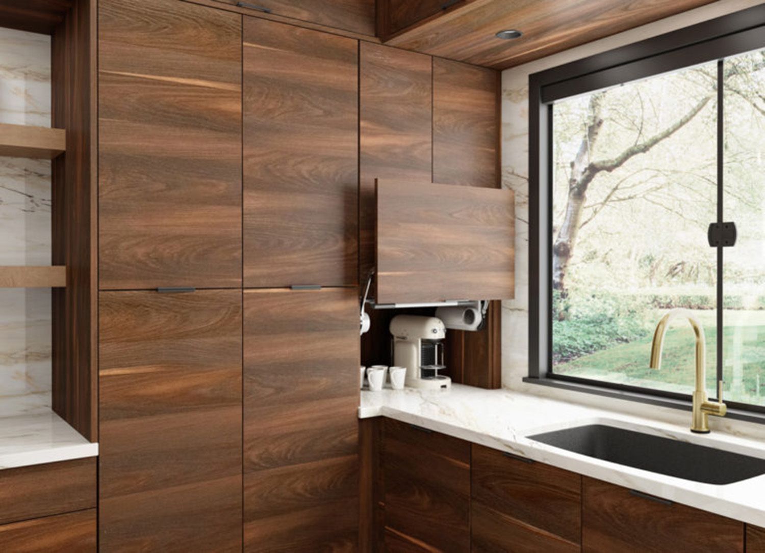 Modern kitchen with wood cabinets, white countertop, sink, and a large window overlooking trees.