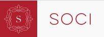 A red and white logo for a company called soci.