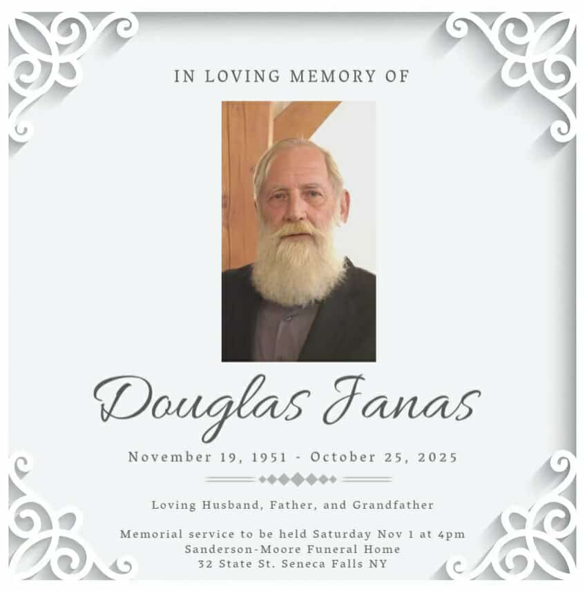 Memorial card for Douglas Janas, featuring a photo of a man with a white beard. Dates: 1951-2025.