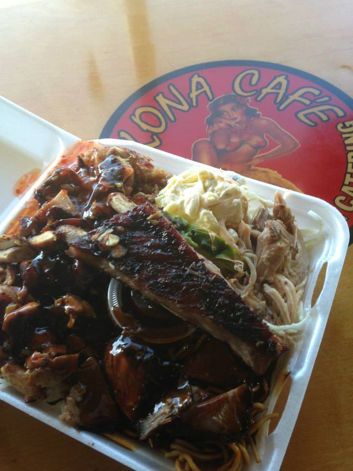 Takeout tray of rice, noodles, and sauced meat in front of a Kona Cafe Hawaiian Barbecue And Catering logo