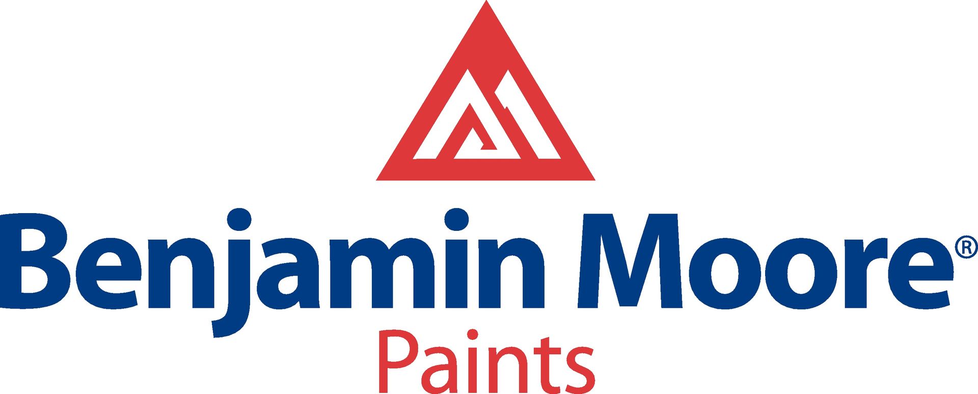 Benjamin Moore logo: Red triangle with white accents above blue text, 