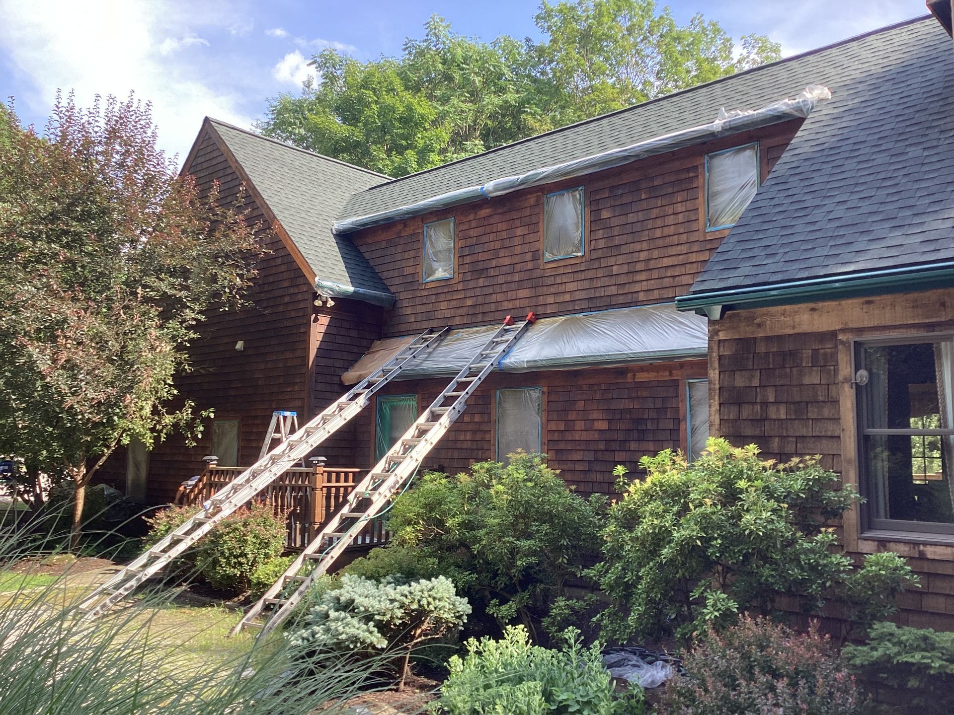 Two ladders leaning against a two-story house with brown siding and a green roof, surrounded by bushes and trees.