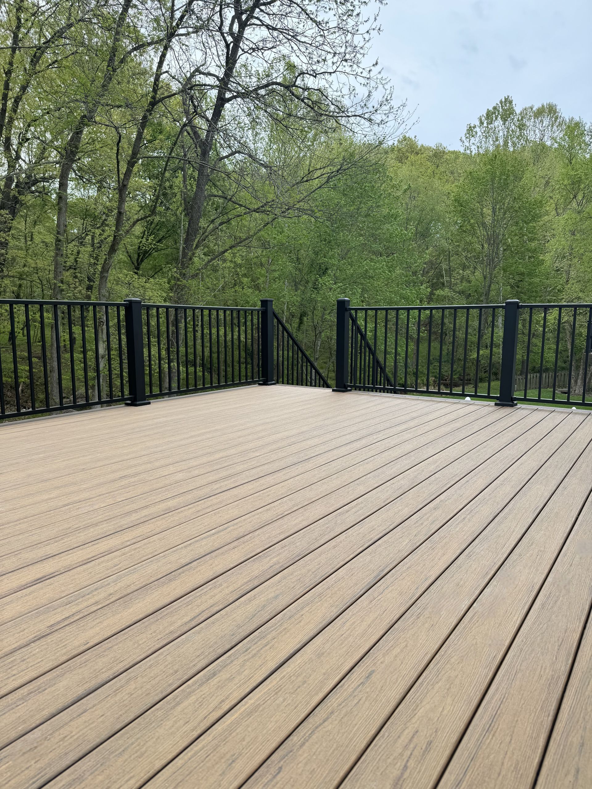 An empty wooden deck with a black railing and trees in the background.