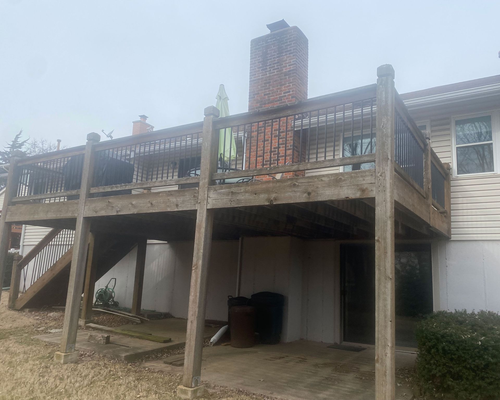 An old wooden deck with stairs